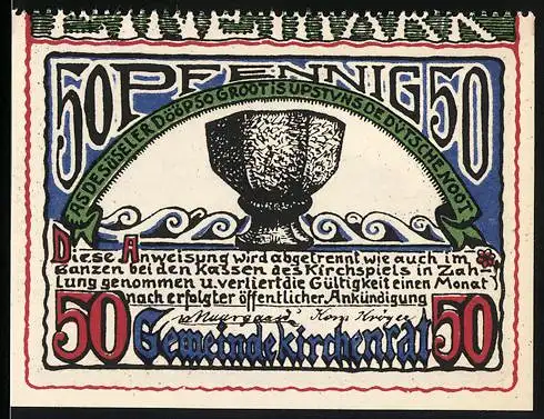 Notgeld Süsel, 1921, 50 Pfennig, Kelch und Mann vor Haus