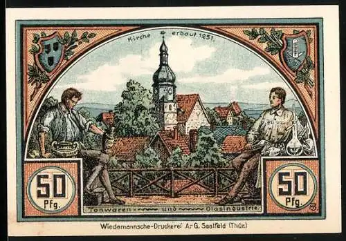 Notgeld Roda bei Ilmenau 1921, 50 Pfennig, Kirche erbaut 1251 und Bahnhof mit Kriegerdenkmal