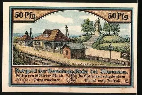 Notgeld Roda bei Ilmenau 1921, 50 Pfennig, Kirche erbaut 1251 und Bahnhof mit Kriegerdenkmal