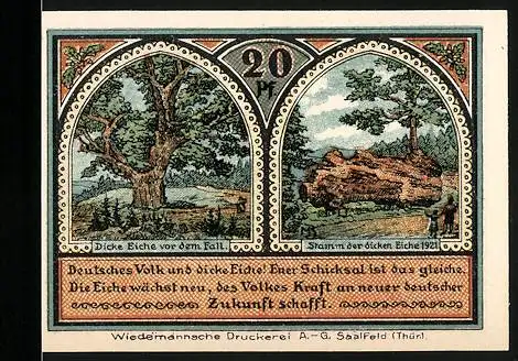 Notgeld Roda bei Ilmenau, 1921, 20 Pfennig, Landschaft und Eiche, Druckerei Wiedemannsche