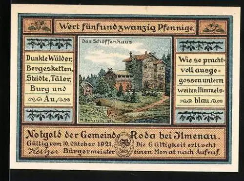 Notgeld Roda bei Ilmenau 1921, 25 Pfennig, Das Schöffenhaus und Postkutsche vor Wirtshaus