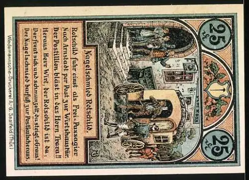 Notgeld Roda bei Ilmenau 1921, 25 Pfennig, Das Schöffenhaus und Postkutsche vor Wirtshaus