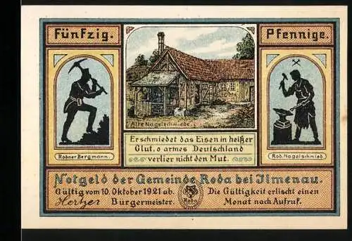 Notgeld Roda bei Ilmenau, 1921, 50 Pfennig, Bergmann, Nagelschmied, Jagd im Rodaer Wald, Goethe im Bergwerk