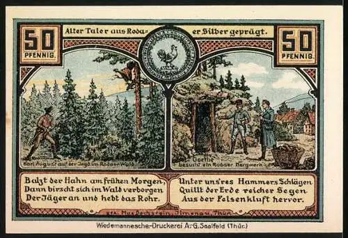 Notgeld Roda bei Ilmenau, 1921, 50 Pfennig, Bergmann, Nagelschmied, Jagd im Rodaer Wald, Goethe im Bergwerk