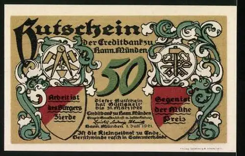 Notgeld Hann. Münden, 1921, 50 Pfennig, Gutschein der Creditbank zu Hann. Münden mit Landschaft und Wappen