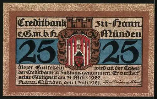 Notgeld Hann. Münden 1921, 25 Pf, Burgturm und Wappen der Stadt, Gutschein der Creditbank