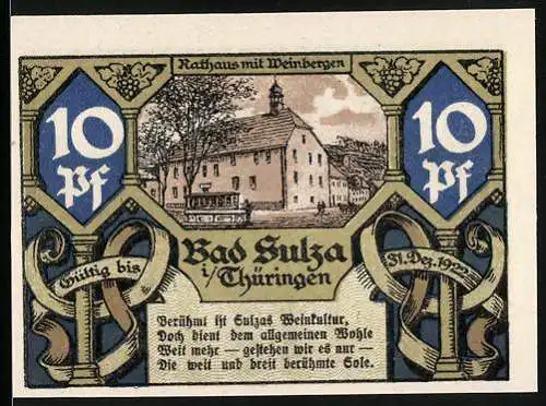 Notgeld Bad Sulza, 1921, 10 Pf, Rathaus mit Weinbergen und Technikum, Thüringen