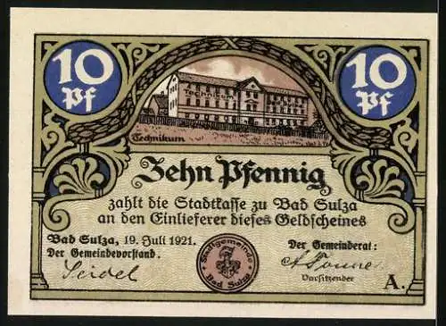 Notgeld Bad Sulza, 1921, 10 Pf, Rathaus mit Weinbergen und Technikum, Thüringen