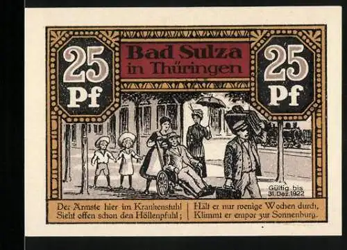 Notgeld Bad Sulza, 1921, 25 Pfennig, Stadtansicht Sonnenburg und Darstellung des täglichen Lebens