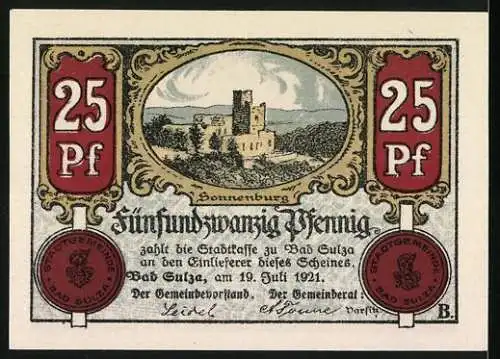 Notgeld Bad Sulza, 1921, 25 Pfennig, Stadtansicht Sonnenburg und Darstellung des täglichen Lebens