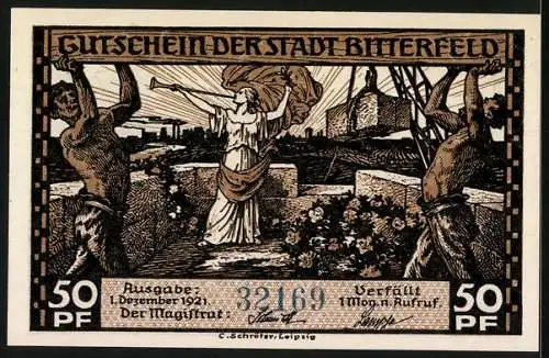 Notgeld Bitterfeld, 1921, 50 Pf, Braunkohlenschacht-Tagebau und Gutschein der Stadt Bitterfeld