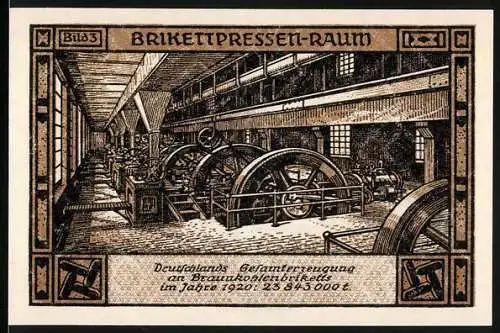 Notgeld Bitterfeld, 1921, 50 Pfennig, Brikettpressen-Raum Illustration und Stadtgutschein Design