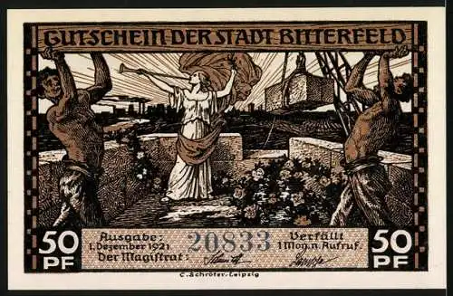 Notgeld Bitterfeld, 1921, 50 Pfennig, Brikettpressen-Raum Illustration und Stadtgutschein Design