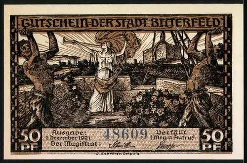 Notgeld Bitterfeld 1921, 50 Pfennig, Brikettfabrik und Darstellung der Kohleverteilung in Deutschland