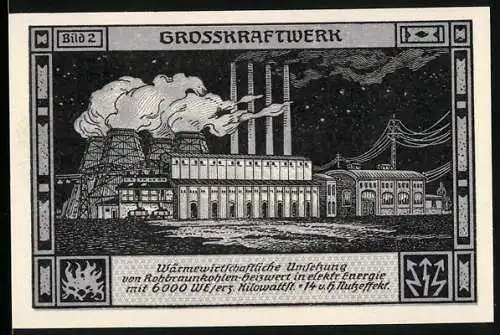 Notgeld Bitterfeld, 1921, 75 Pf, Grosskraftwerk und Ingenieure mit Allegorie