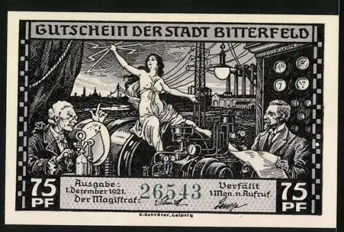 Notgeld Bitterfeld, 1921, 75 Pf, Grosskraftwerk und Ingenieure mit Allegorie