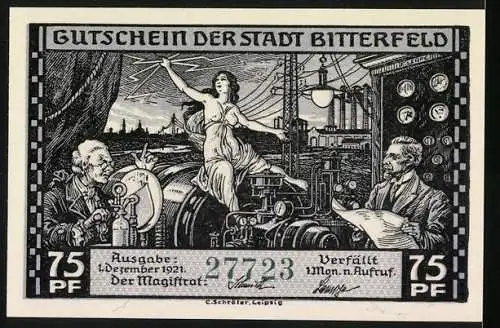 Notgeld Bitterfeld, 1921, 75 Pf, Stromerzeugung im Bitterfelder Revier  Kilowattstunden