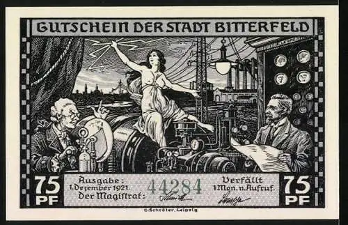 Notgeld Bitterfeld, 1921, 75 Pfennig, Hochspannungs-Transportweg und Industrielle Szene