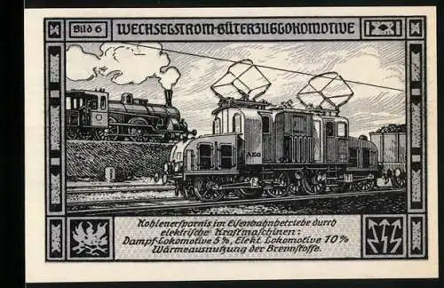 Notgeld Bitterfeld, 1921, 75 Pfennig, Wechselstrom-Güterzuglokomotive und Stadtansicht mit Arbeitern und Göttin