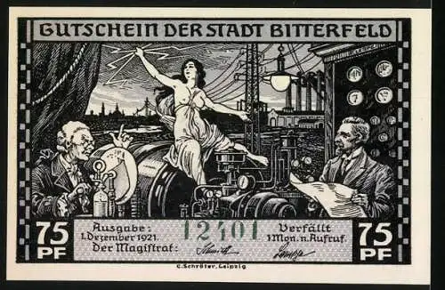 Notgeld Bitterfeld, 1921, 75 Pfennig, Wechselstrom-Güterzuglokomotive und Stadtansicht mit Arbeitern und Göttin