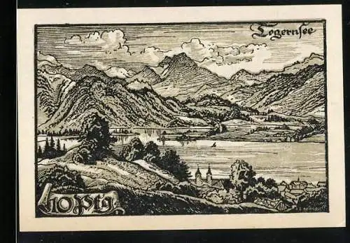 Notgeld Tegernsee, 1921, 10 Pfennig, Landschaft mit See und Bergen, Ritterabbildung und Verzierungen