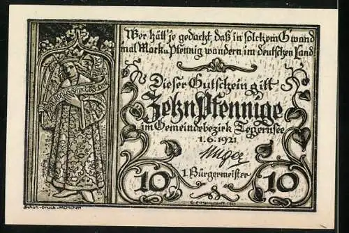 Notgeld Tegernsee, 1921, 10 Pfennig, Landschaft mit See und Bergen, Ritterabbildung und Verzierungen