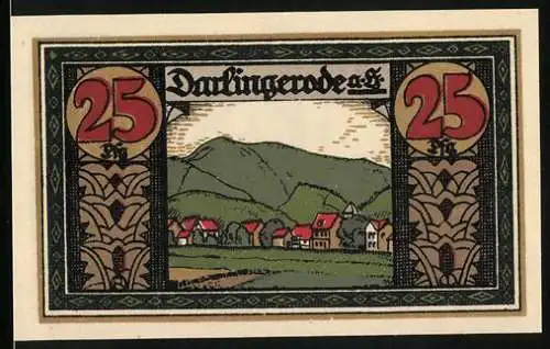 Notgeld Darlingerode, 1921, 25 Pfennig, Landschaft mit Dorf und Wappen mit Hirsch