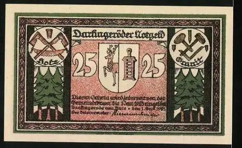 Notgeld Darlingerode, 1921, 25 Pfennig, Landschaft mit Dorf und Wappen mit Hirsch