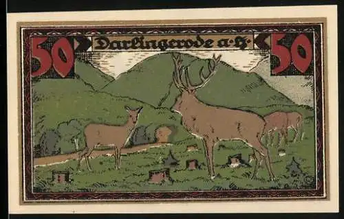 Notgeld Darlingerode a. H., 1921, 50 Pfennig, Hirsch und Waldlandschaft, Wappen und Getreidebündeln