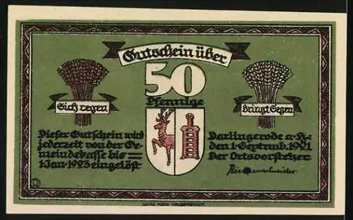 Notgeld Darlingerode a. H., 1921, 50 Pfennig, Hirsch und Waldlandschaft, Wappen und Getreidebündeln