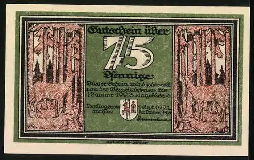 Notgeld Darlingerode a.H., 1921, 75 Pfennig, Landschaft und Hirschmotiv