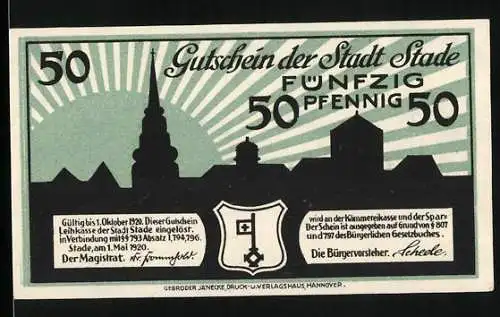 Notgeld Stade, 1920, 50 Pfennig, Gutschein der Stadt Stade mit Stadtansicht im Hintergrund