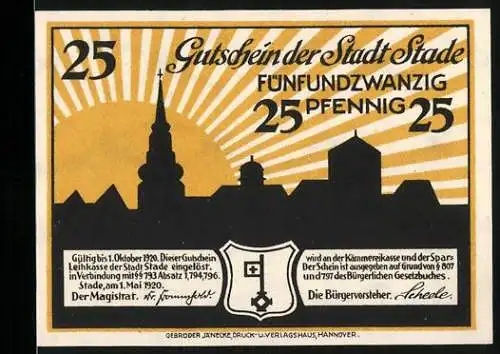 Notgeld Stade, 1920, 25 Pfennig, Gutschein der Stadt Stade mit Stadtansicht und Wappen