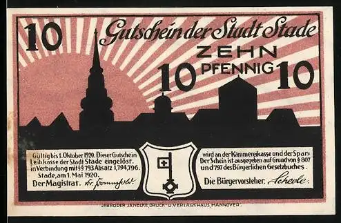 Notgeld Stade, 1920, 10 Pfennig, Gutschein der Stadt Stade mit Stadtansicht und Wappen