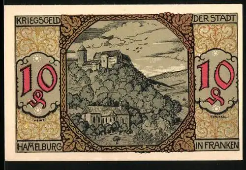 Notgeld Hammelburg 1918, 10 Pfennig, Kriegsnotgeld der Stadt Hammelburg in Franken mit Burgansicht