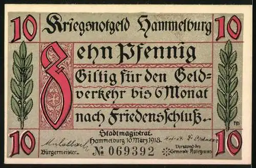 Notgeld Hammelburg 1918, 10 Pfennig, Kriegsnotgeld der Stadt Hammelburg in Franken mit Burgansicht