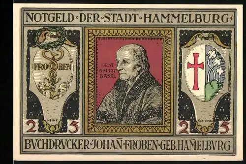 Notgeld Hammelburg, 1918, 25 Pfennig, Buchdrucker Johan Froben und Stadtansicht, Serie 037661