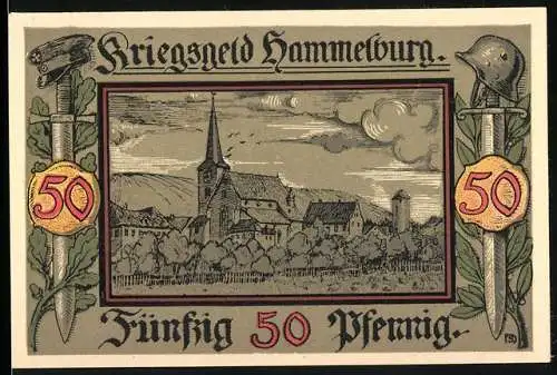 Notgeld Hammelburg, 1918, 50 Pfennig, Kriegsnotgeld mit Kirche und Wappen, gültig bis 6 Monate nach Friedensschluss