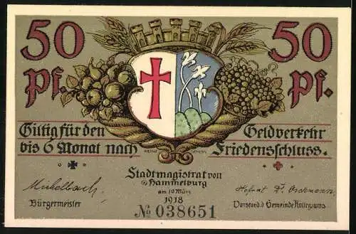 Notgeld Hammelburg, 1918, 50 Pfennig, Kriegsnotgeld mit Kirche und Wappen, gültig bis 6 Monate nach Friedensschluss