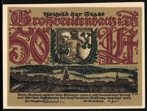 Notgeld Grossbreitenbach i. Th., 50 Pf, Wappen und Landschaftsszene, Holzarbeiten und Pferdewagen