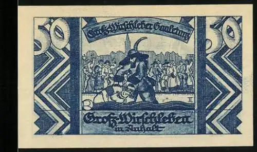 Notgeld Gross-Wirschleben, 1921, 50 Pfennig, blaue Scheine mit Stadtwappen und historischem Motiv