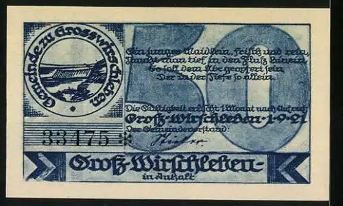 Notgeld Gross-Wirschleben, 1921, 50 Pfennig, blaue Scheine mit Stadtwappen und historischem Motiv