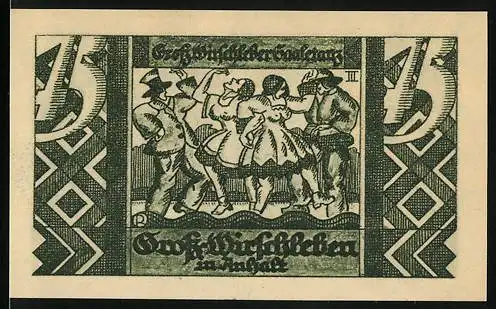 Notgeld Gross-Wirschleben 1921, 75 Pfennig, Tanzszene und Landschaftsabbildung