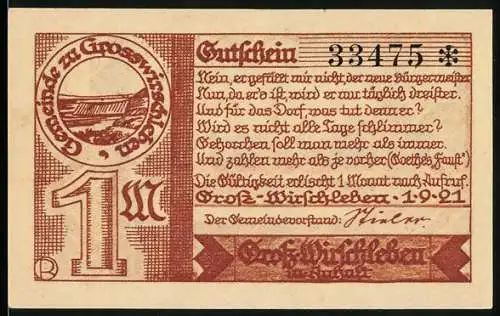 Notgeld Gross-Wirschleben, 1921, 1 Mark, Stadtansicht und Vers Für unsere Gerste unseren Roggen