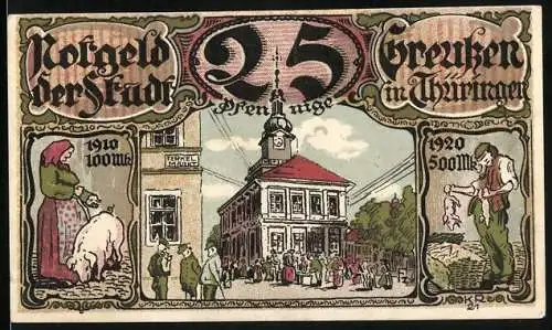 Notgeld Greussen, 1921, 25 Pfennig, Stadtansicht mit Bürgern und Tieren, Text und Seriennummer