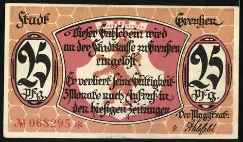 Notgeld Greussen, 1921, 25 Pfennig, Stadtansicht mit Bürgern und Tieren, Text und Seriennummer