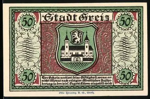 Notgeld Greiz, 1921, 50 Pfennig, Stadtwappen und Höhere Webschule