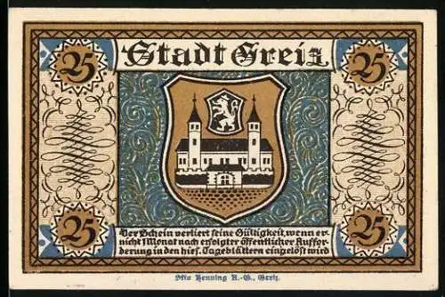 Notgeld Greiz, 1921, 25 Pfennig, Stadtwappen und Schlossansicht im Tal