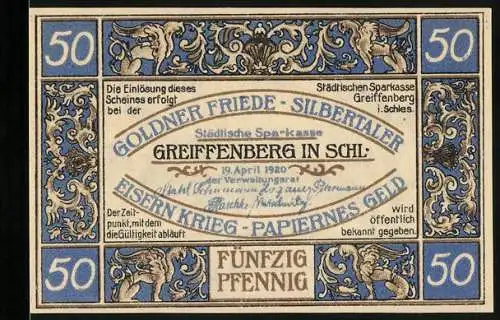 Notgeld Greiffenberg in Schlesien 1920, 50 Pfennig, Goldner Friede-Silbertaler Design mit Greifen und Stadtansicht