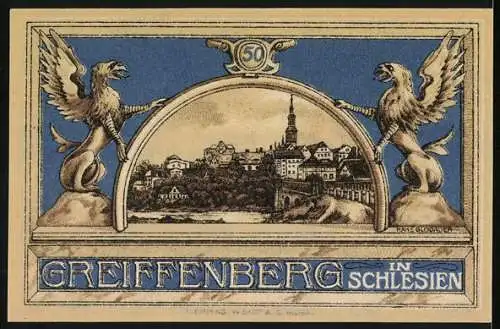 Notgeld Greiffenberg in Schlesien 1920, 50 Pfennig, Goldner Friede-Silbertaler Design mit Greifen und Stadtansicht